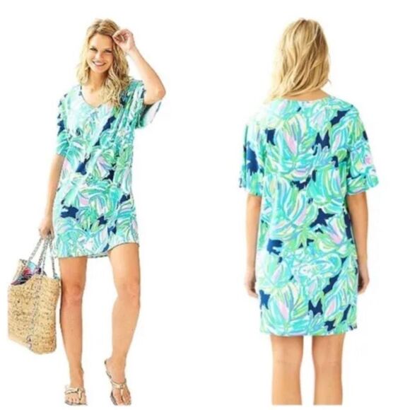Lilly Pulitzer Women's Mini Dress Lindley Caftan Uptown Trunk Print Blue Small - Picture 5 of 9